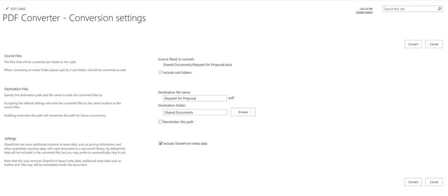 conversion settings page